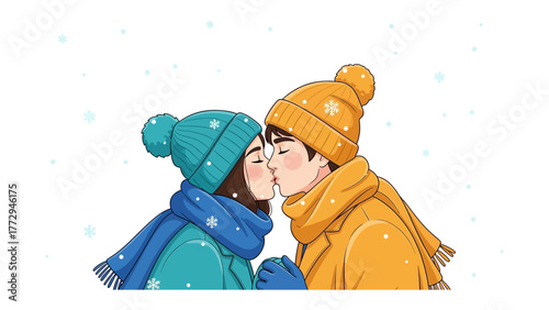 Winter's Tender Kiss: A loving couple shares a sweet kiss amid a gentle snowfall, wrapped in warm winter attire, symbolizing affection and togetherness.
