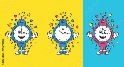 Three cartoon clocks, two blue and one pink, stand with arms open amidst colorful stars on a split yellow and blue background.