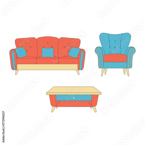 Furniture Collection: A charming illustration featuring a modern sofa, an elegant armchair, and a stylish coffee table, all harmonizing with a blend of vibrant colors and clean lines.