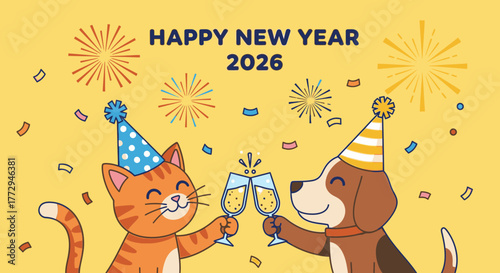 A cartoon cat and dog wearing party hats toast with champagne against a yellow background with fireworks and confetti, celebrating New Year 2026.