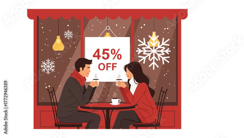 Cozy Coffee Date during Winter Sale: A couple enjoys coffee, warmed by each other's presence. snowflakes gently fall in the background. A sign announces a enticing sale.