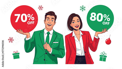 Festive Offer: A festive pair offers holiday deals with high discounts, adorned with holiday decorations.