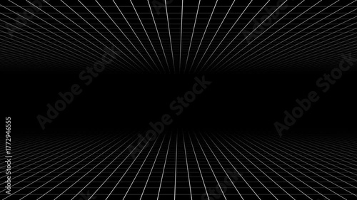 3D infinite white grid tunnel seamless loop animation with grid line top and bottom moving right and left on black background. 4K animated background for tech, vj loop, editing, and motion graphics.