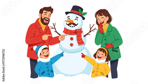 Building Memories: a family gathered around a snowman. They smile at the whimsical creation, showcasing the magic of winter. A heartwarming scene of family bonding and holiday joy.