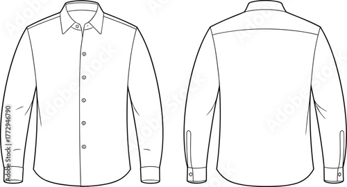 Technical flat sketch of classic long sleeve button down shirt with collar, cuffs, clean minimal line drawing fashion garment illustration, apparel design