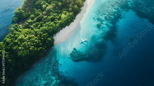 aerial view of tropical island with turquoise ocean and white sand beach, airplane flying in distance, cinematic composition, space for logo and text