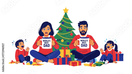 Family Christmas: An illustrated portrayal of a family surrounded by presents and Christmas tree, holding the mug in hand. A festive scene perfect for holiday themed concept.