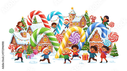 Sweet Christmas Fantasy: A whimsical scene where children frolic amidst a colorful wonderland of candy canes, gingerbread houses, and twinkling lights, evoking the joy and magic of the festive season.