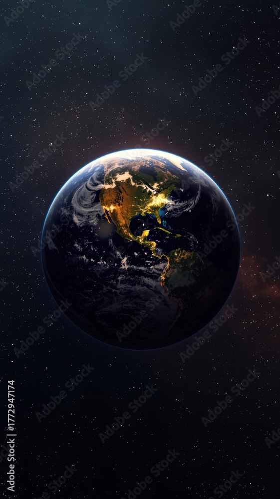 Obraz premium Earth seen from space at night with city lights illuminating continents