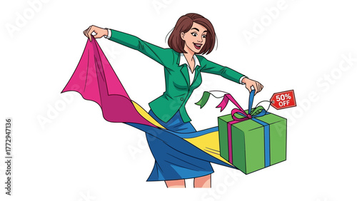 Gift Unveiling: A woman excitedly unveils a present, revealing its vibrant colors and the anticipation of what lies within, perfect for illustrating the joy of giving and the excitement of receiving.
