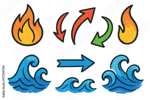 Dynamic fire and water elements for creative design. Set of 6 vector illustration