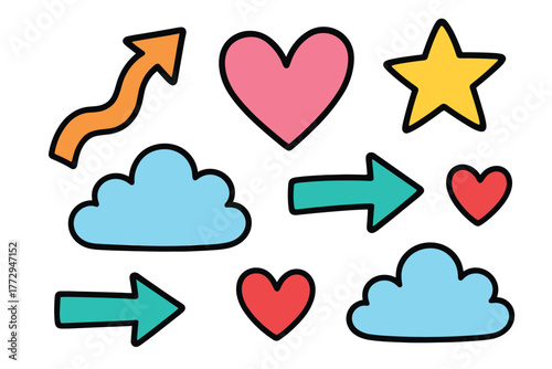 Colorful doodle elements for creative design and projects. Set of 6 vector illustration