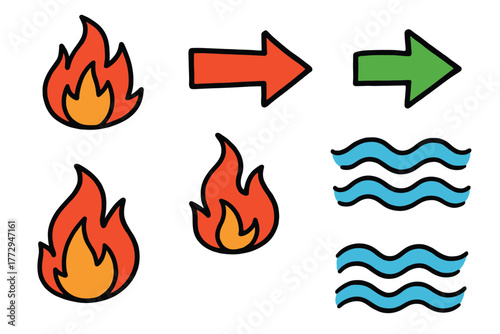 Fire and water elements illustrating contrasting forces in nature. Set of 6 vector illustration