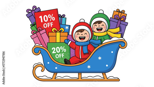 Festive Sleigh Ride: Two happy children, bundled in winter attire, cruise in a decorated sleigh brimming with gifts and special offer signs, embodying the joy and anticipation of the holiday season.