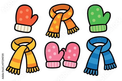Colorful winter mittens and scarves for cozy style. Set of 6 vector illustration