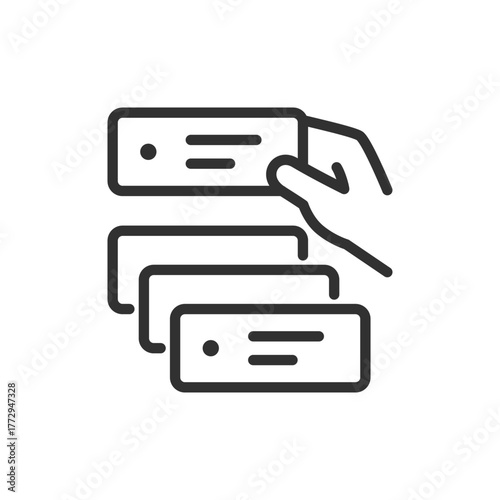 Hand selecting task card, linear icon. Task prioritization and management. Line with editable stroke.