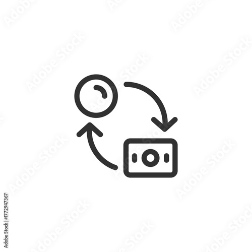 Clock and banknote, linear icon. Loan repayment and financial cycle. Line with editable stroke.