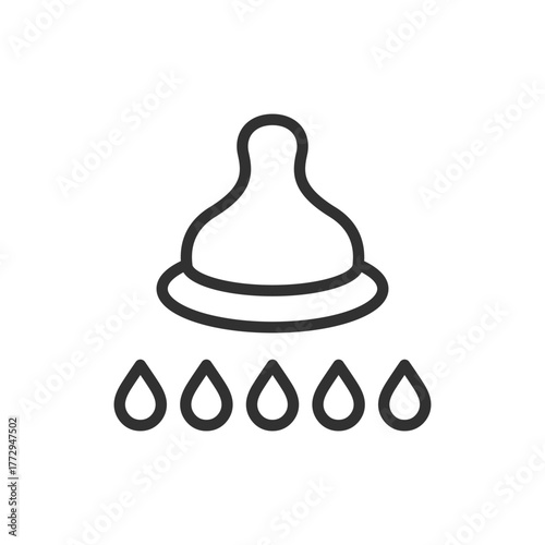 Baby bottle nipple with drops, linear icon. Feeding and milk nutrition. Line with editable stroke.