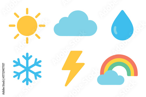 Weather symbols for design and educational purposes. Set of 6 vector illustration