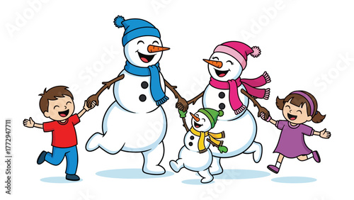 Winter Wonderland Family: A cheerful animated illustration depicts a heartwarming scene where a family comprised of snowmen and children joins hands.
