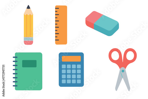 Essential school supplies for effective learning and creativity. Set of 6 vector illustration