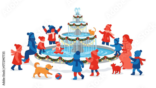 Winter Fountain Frolic: A whimsical illustration depicts a joyous winter scene with children gathered around a festive fountain, embracing the snowy atmosphere. 