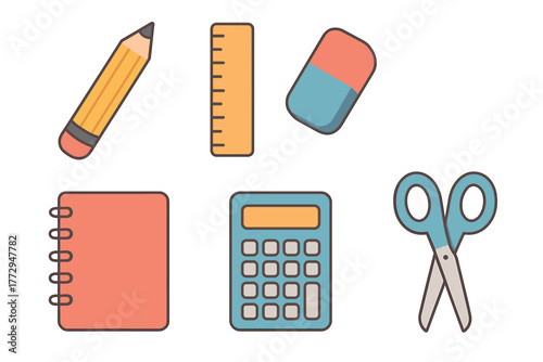 Key supplies for learning pencil and notebook. Set of 6 vector illustration