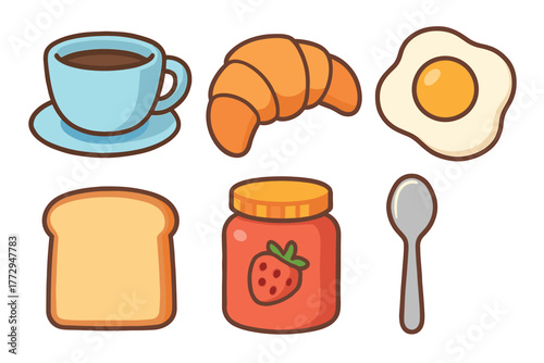 Breakfast coffee, croissant, egg, toast, and jam. Set of 6 vector illustration