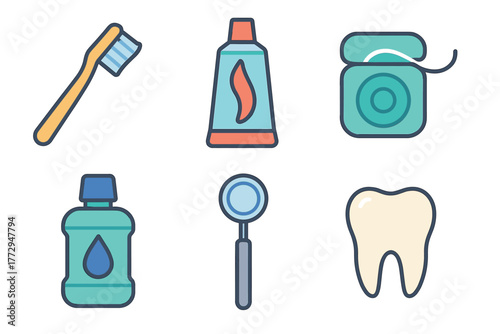 Dental care essentials for maintaining oral hygiene and health. Set of 6 vector illustration