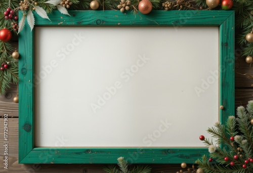 Grüner Holzrahmen mit weihnachtlicher Dekoration aus Tannenzweigen und roten Blumen als festliches Mockup Generative KI