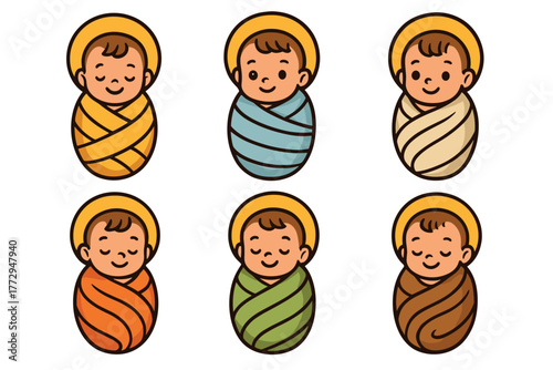 Adorable wrapped babies in various colors for designs or crafts. Set of 6 vector illustration