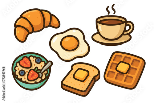 Breakfast spread with croissant, egg, coffee, and waffles. Set of 6 vector illustration