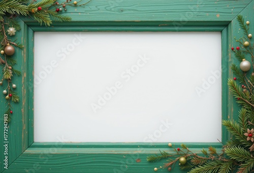Grüner Holzrahmen mit weihnachtlicher Dekoration aus Tannenzweigen und roten Blumen als festliches Mockup Generative KI