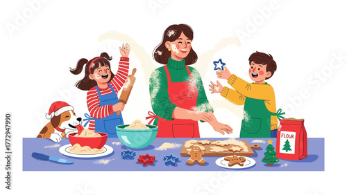 Baking Gingerbread Cookies Together: A heartwarming scene unfolds as a family, including a cheerful dog, collaborates in the joyous tradition of baking gingerbread cookies together.