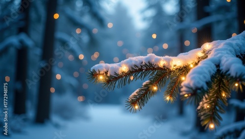 Photorealistic close-up of a fir branch adorned with warm white fairy lights, deep forest background, cold blue ambient light contrasted with warm glow.