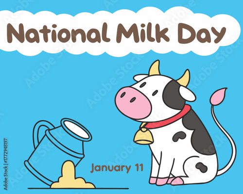 Celebrating National Milk Day on January 11th with a Cartoon Cow and Spilled Milk Illustration