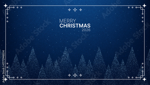 Blue Merry Christmas 2026 vector background with stylized forest, sparkly dots, and decorative border for holiday invitation card or greeting