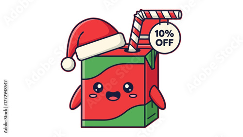 Festive Juice Box: A cheerful juice box, adorned in Christmas colors, dons a Santa hat, exuding holiday cheer. The design is simple, showcasing the beverage.