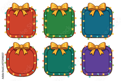 Colorful gift boxes with bows and lights for festive decoration. Set of 6 vector illustration