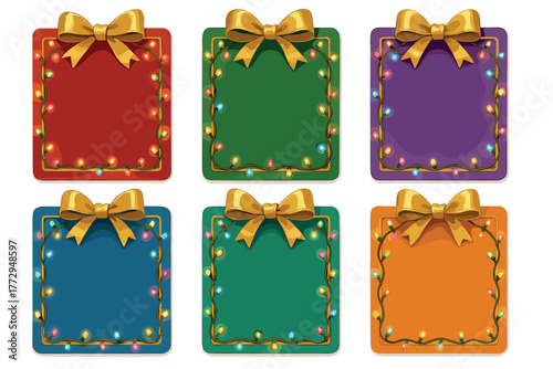 Colorful holiday gift frames with festive bows and lights. Set of 6 vector illustration
