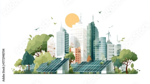 Eco-friendly urban landscape with solar panels, greenery, and modern skyscrapers under a bright sun, promoting sustainable living and clean energy solutions