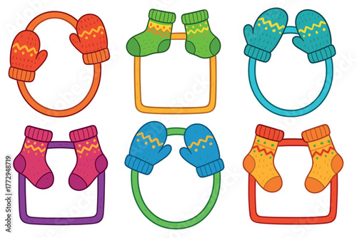 Festive winter mittens and socks frame for seasonal designs. Set of 6 vector illustration