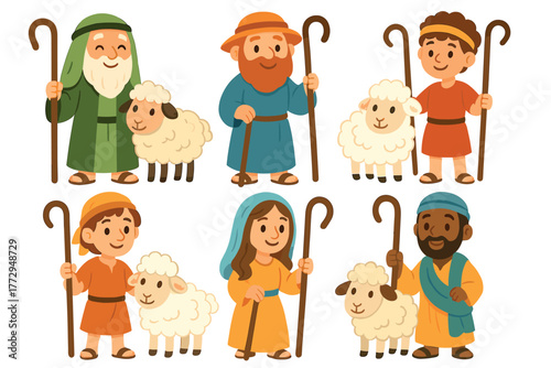 Characters of shepherds with sheep in a pastoral scene. Set of 6 vector illustration
