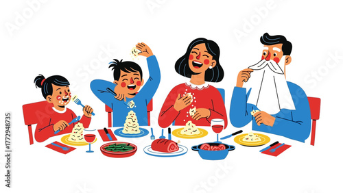 Family Feast: Capturing a candid moment, a family revels in the joyous experience of dining together, their laughter filling the room, and food laid out for feasting. 