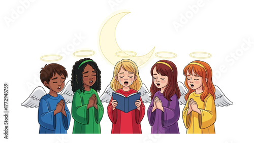 Angelic Chorus of Voices: A heartwarming illustration showcases a youthful choir of diverse voices, bathed in celestial light, filling the air with harmony. 