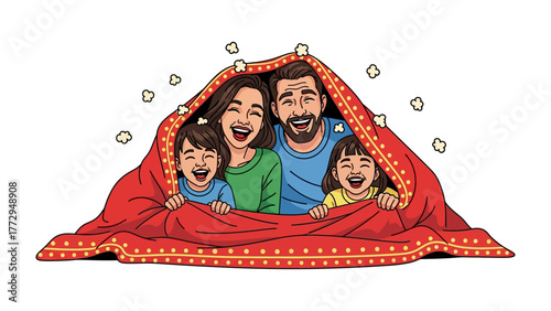 Family Togetherness Under a Blanket: A cheerful family, huddled together beneath a blanket, their faces lit up with pure joy. This heartwarming scene captures the essence of familial love, closeness.