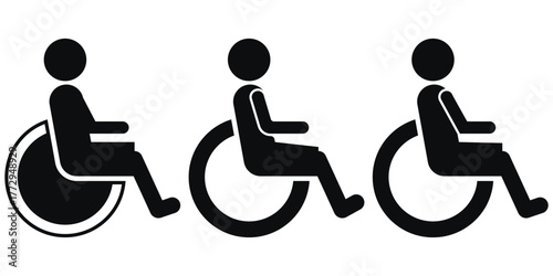 Black wheelchair icon vector illustration for accessibility, disability support, handicap signage, ADA compliance, healthcare, hospital, transport, and parking