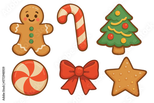 Festive gingerbread cookies and sweet decorations for holiday cheer. Set of 6 vector illustration