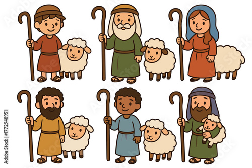 Shepherds with sheep in a pastoral scene for educational projects. Set of 6 vector illustration