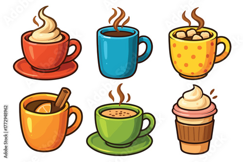 Warm beverages featuring unique designs and flavors for cozy moments. Set of 6 vector illustration